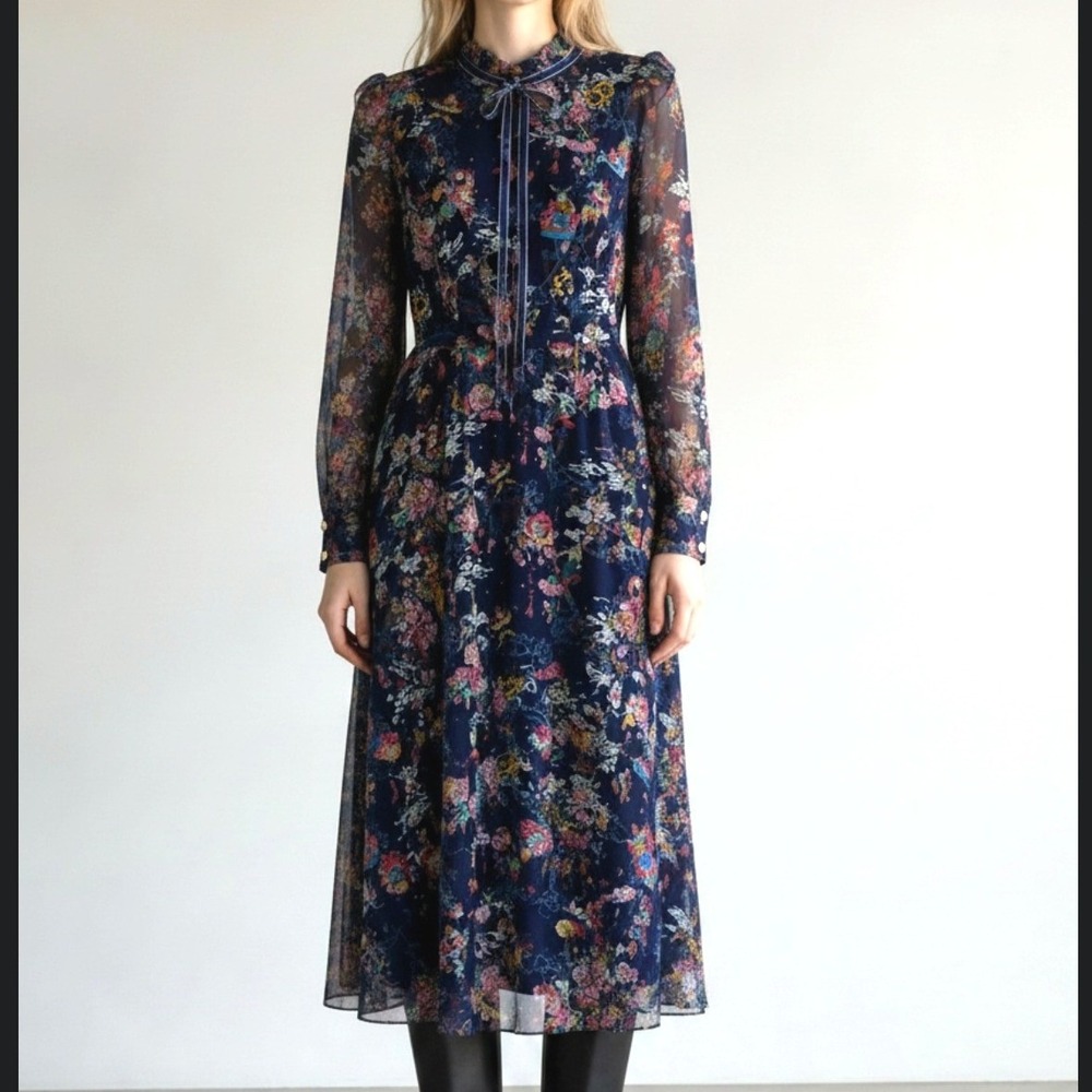 Chinoiserie Rabbit Floral Tiered Ruffle Midi Dress Pearl Buttons XS Whimsigoth